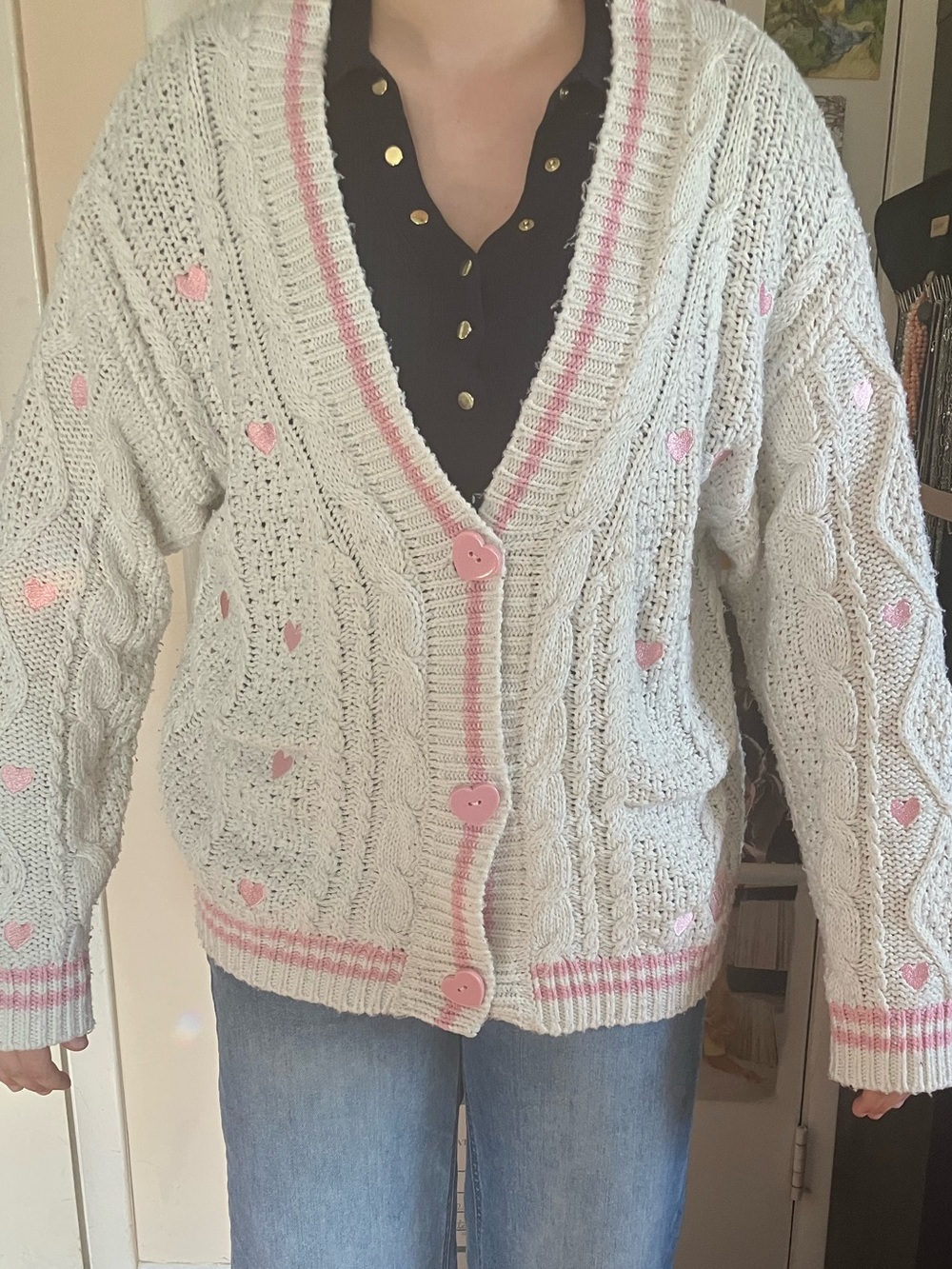 Taylor Swift Lover Cream Cable Knit Cardigan with Pink Heart Details